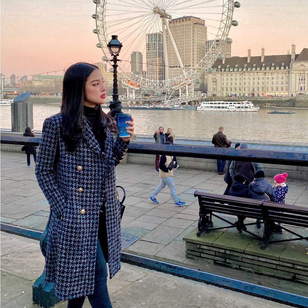 Tweed Coat Small Black Houndstooth Jacket Gold Buttons textured